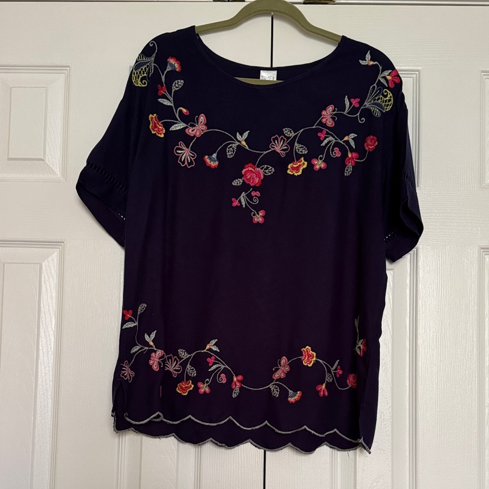 Time and Tru Navy Floral Embroidered Blouse